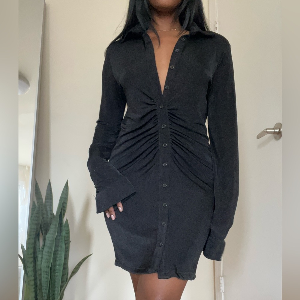 Amazon Black Sheath Dress with Plunge Neckline and Bell Sleeves